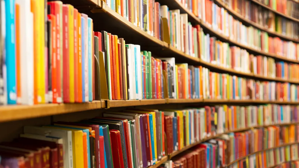 A wall of books in a library.